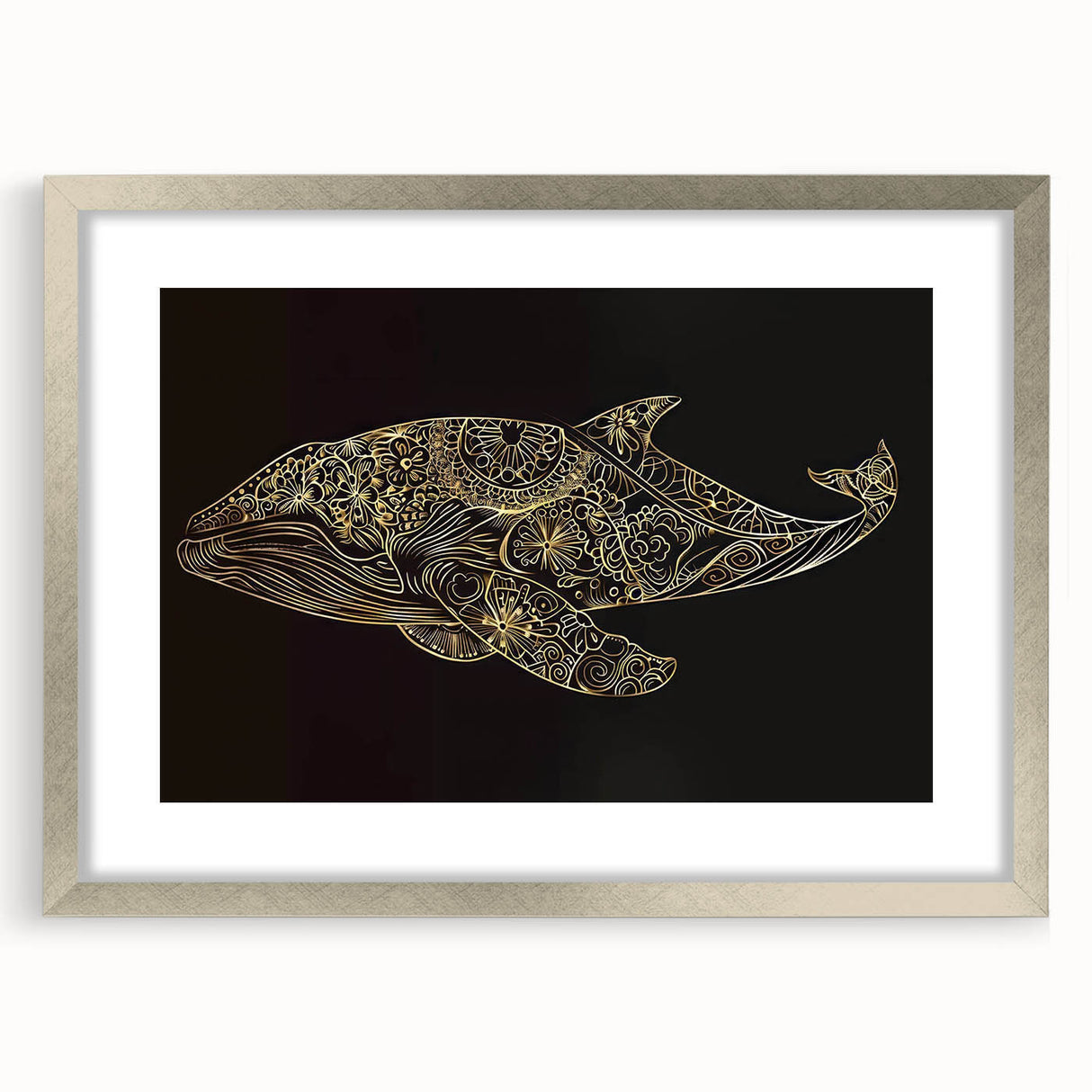 Framed wall art showcasing a stunning marine life design featuring a whale, set against a silver mat, ideal for ocean-themed decor. Perfect for nature lovers and home aesthetics.