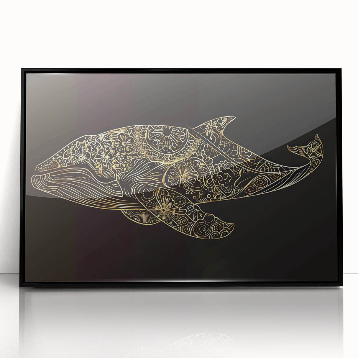 Framed wall art featuring a striking design of a whale in marine life, with a sleek black frame that enhances the vibrant ocean colors, perfect for ocean-themed decor.