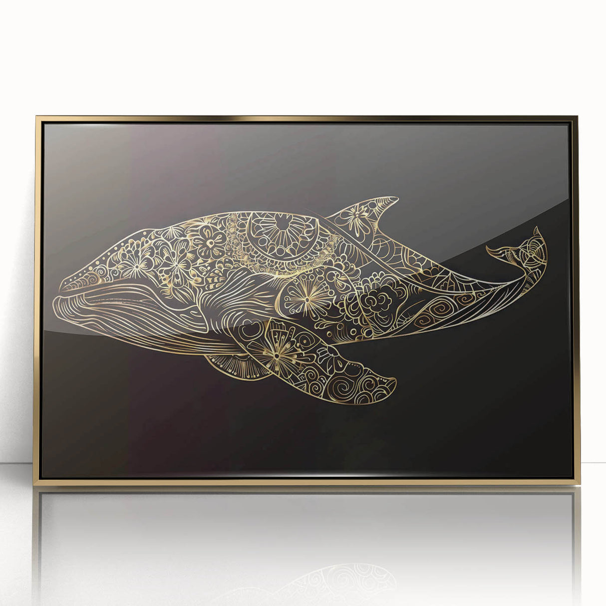 Framed acrylic wall art featuring a stunning design of a whale, set against a gold background, ideal for marine life enthusiasts and modern decor.