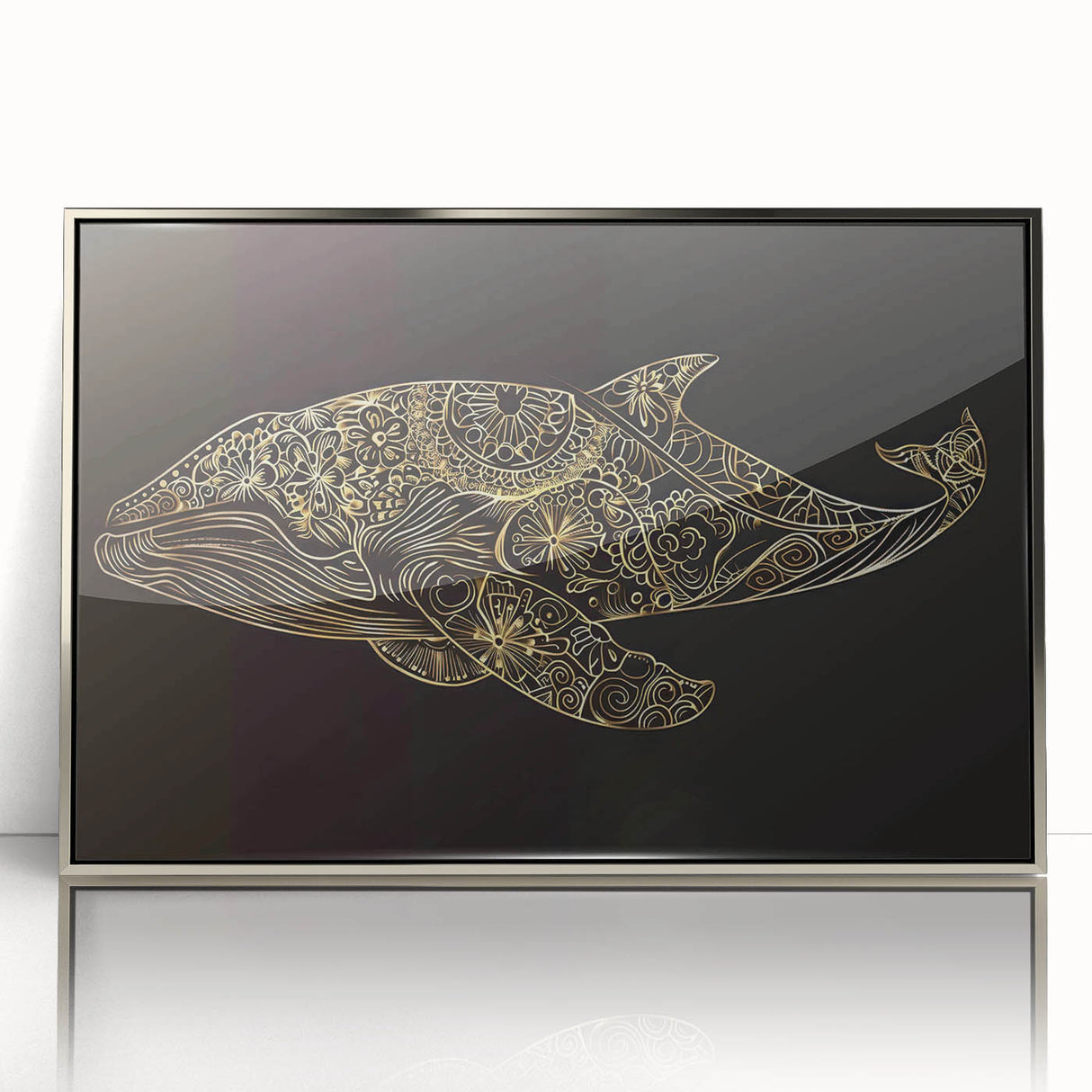 Framed acrylic wall art showcasing a stunning marine life design featuring a majestic whale, set against a silver background, perfect for ocean-themed decor.
