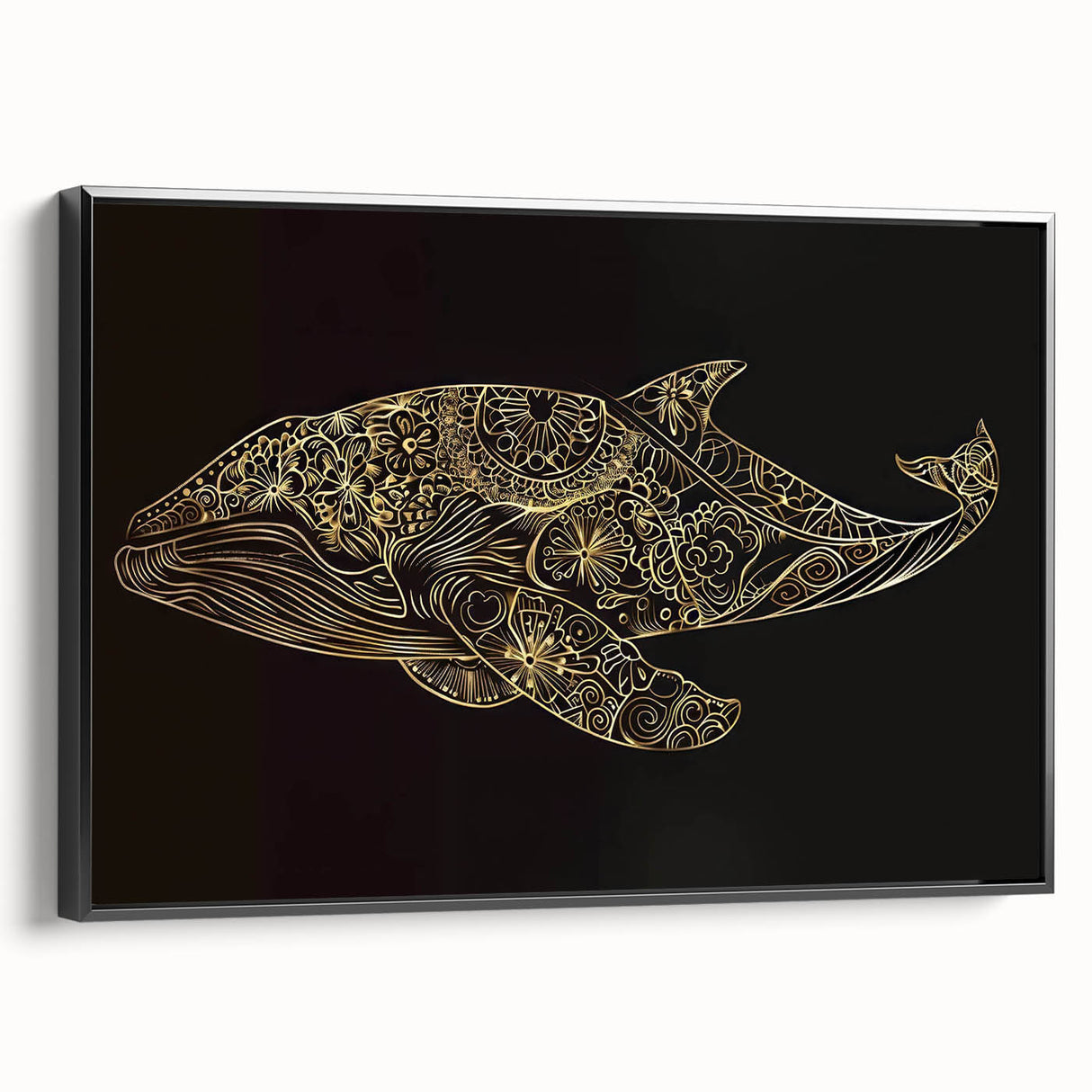 Framed wall art featuring a striking whale design in vibrant colors, showcasing marine life with a sleek black frame, perfect for ocean-themed decor.