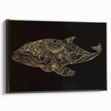 Framed wall art featuring a striking whale design in vibrant colors, showcasing marine life with a sleek black frame, perfect for ocean-themed decor.