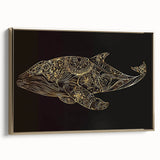 Framed canvas wall art showcasing a stunning blue whale design, set against a gold backdrop, perfect for marine life enthusiasts and coastal decor.