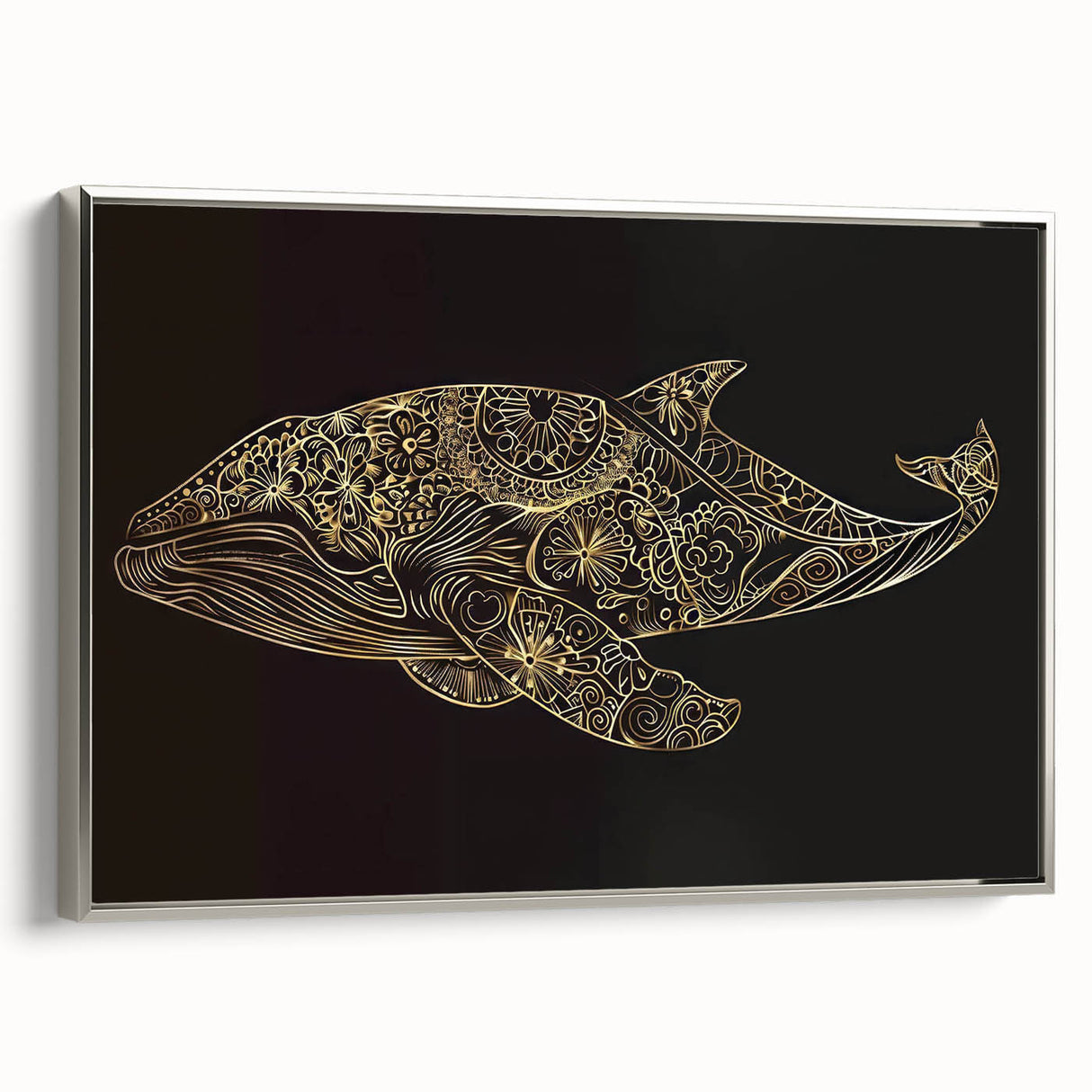 Framed wall art featuring a stunning silver side view of a whale design, showcasing intricate details and vibrant colors, perfect for marine life enthusiasts.