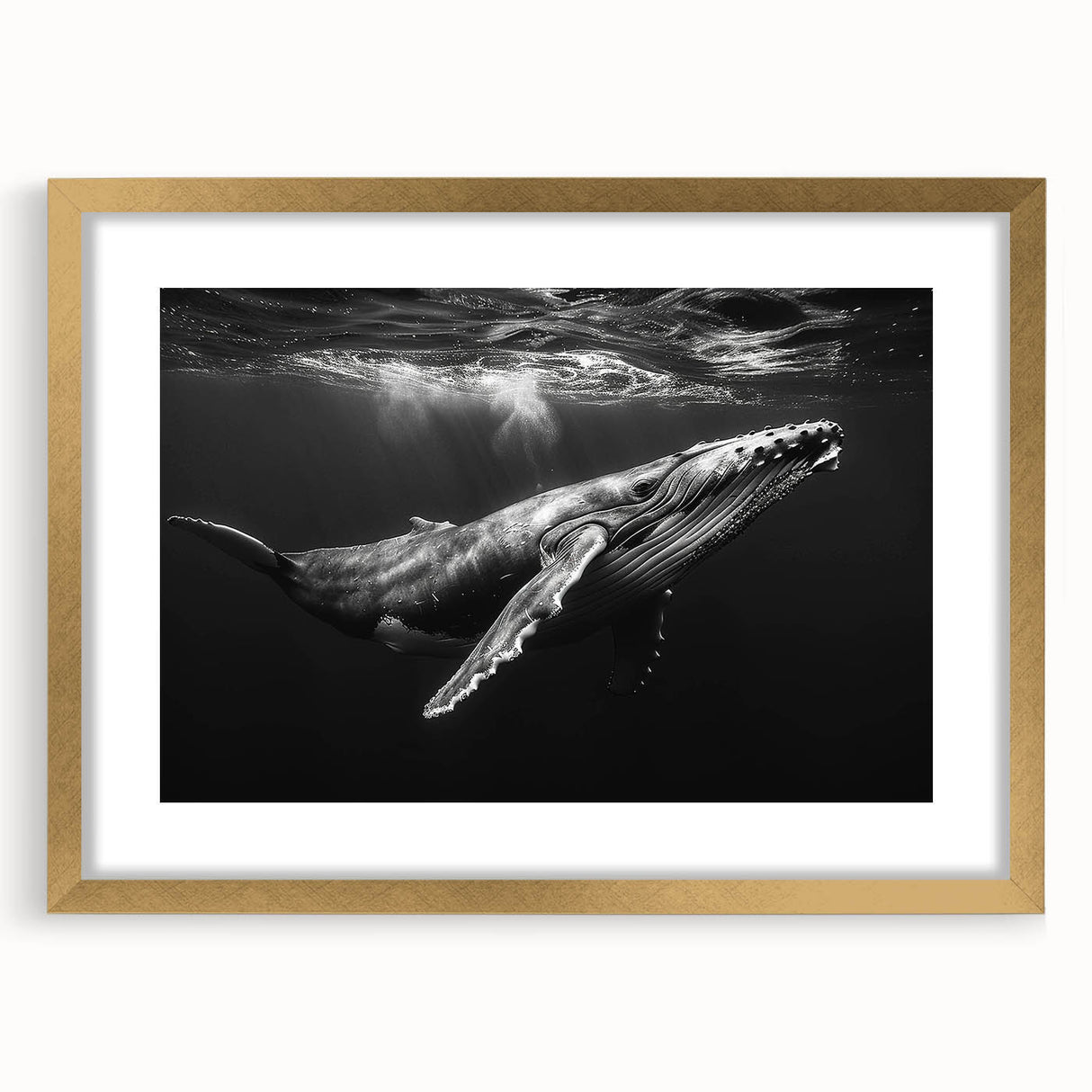 Elegant framed wall art collection featuring a marine life whale design. The artwork is presented in a gold frame with a mat, adding sophistication to any decor. Ideal for ocean lovers, this piece enhances interior spaces with a touch of nature's beauty.
