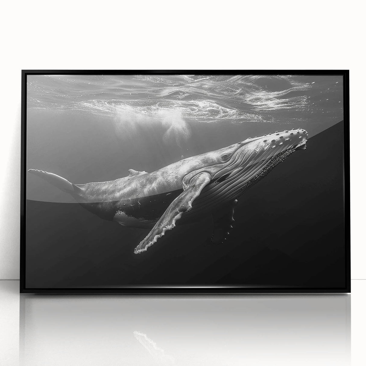 Framed acrylic wall art showcasing a detailed marine life design featuring a majestic whale, presented in a sleek black frame, ideal for ocean-themed decor.
