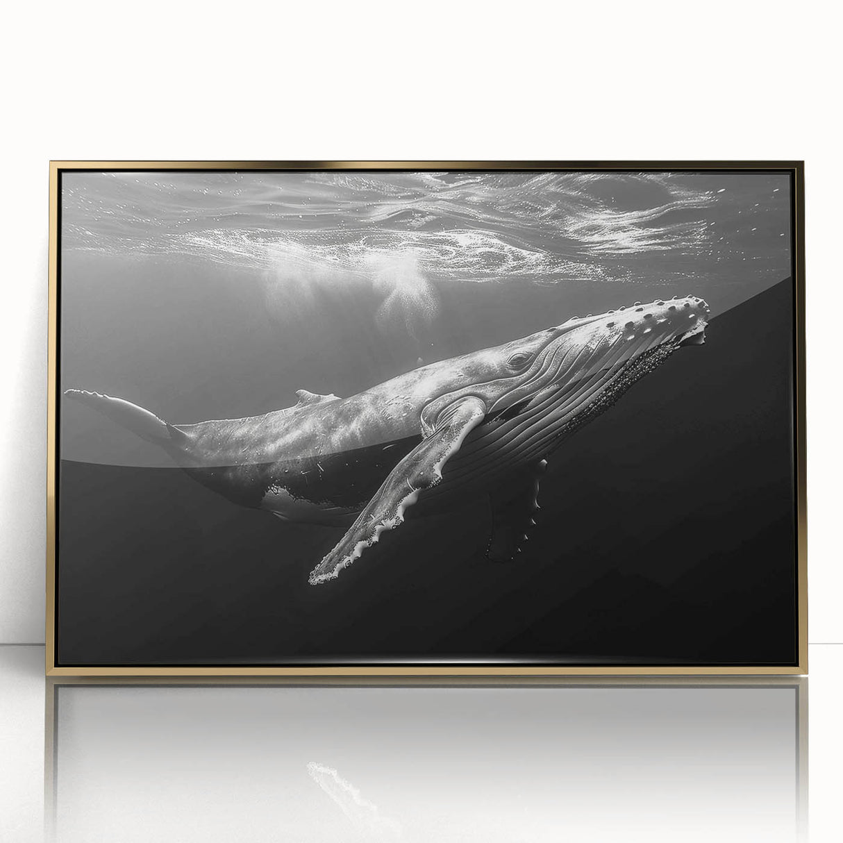 Framed acrylic wall art featuring a stunning marine life design showcasing a majestic whale, elegantly displayed with a gold frame, perfect for ocean-themed decor.