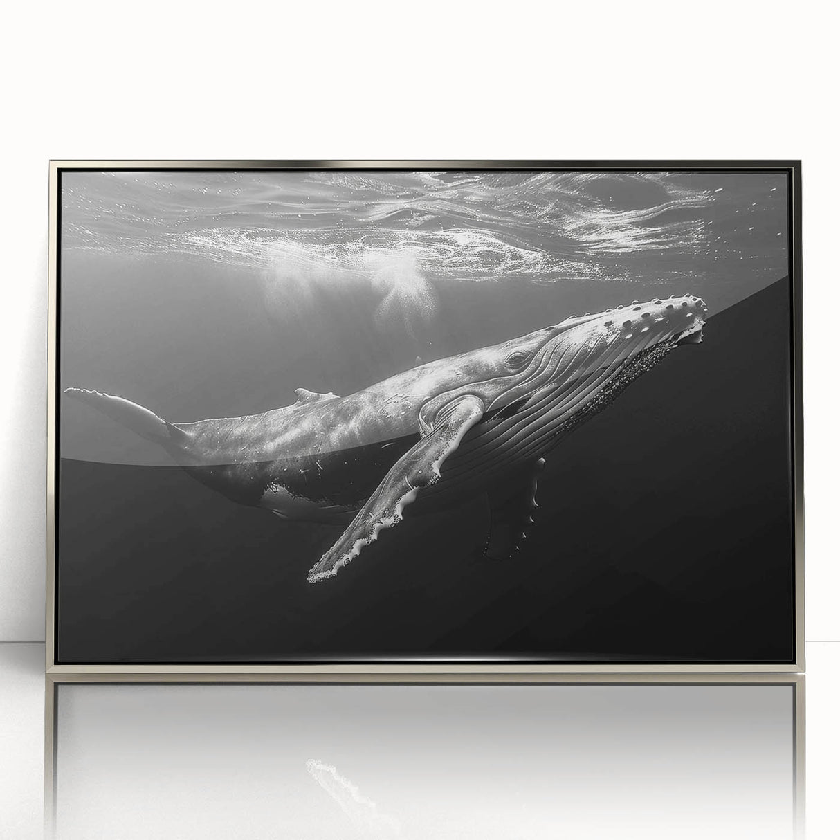 Framed wall art featuring a stunning design of a marine life whale, showcased in a sleek silver frame with acrylic glass, perfect for ocean-themed decor.