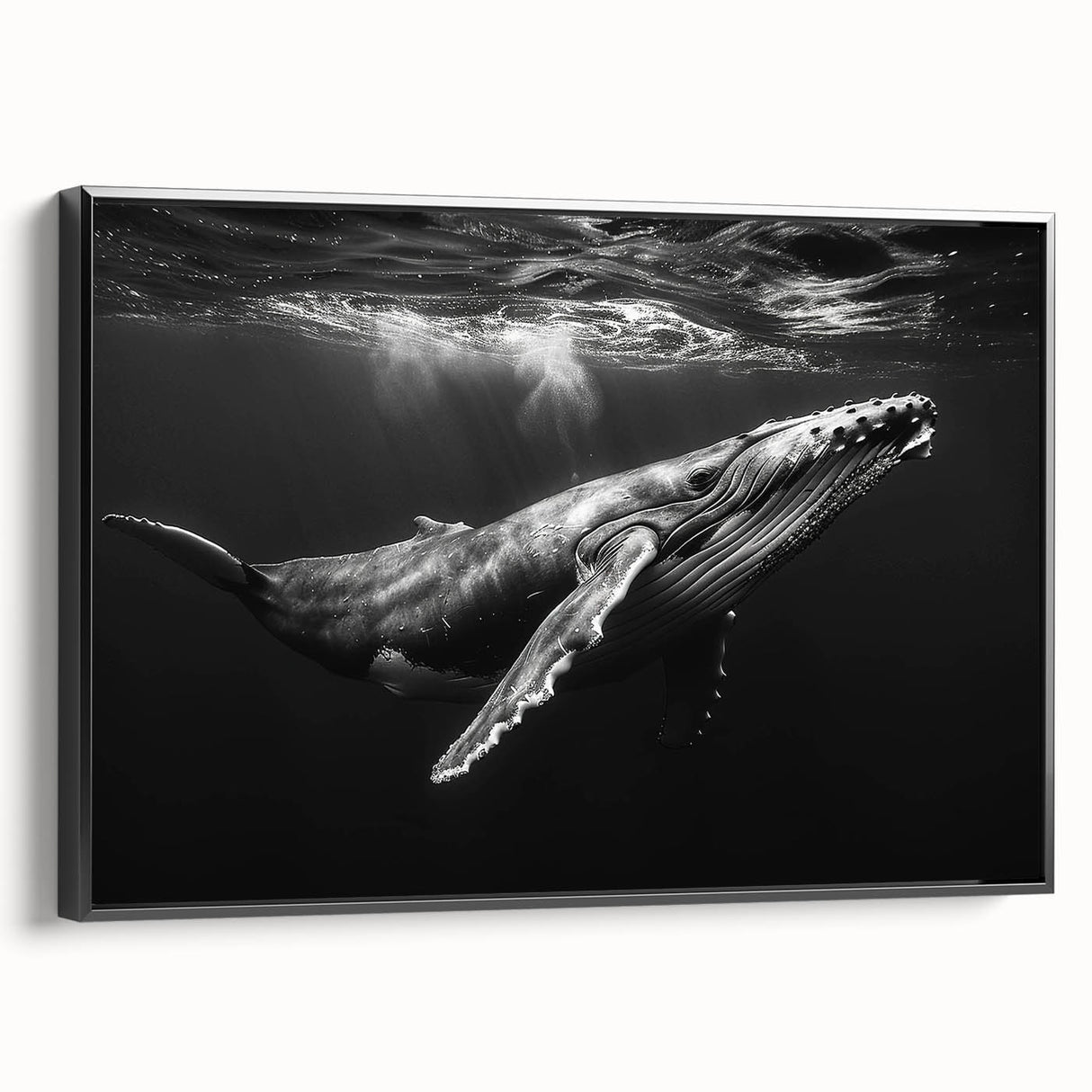 Framed wall art featuring a stunning design of a whale in a vibrant marine life scene, set against a black background, ideal for ocean lovers and modern decor.