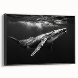 Framed wall art featuring a stunning design of a whale in a vibrant marine life scene, set against a black background, ideal for ocean lovers and modern decor.
