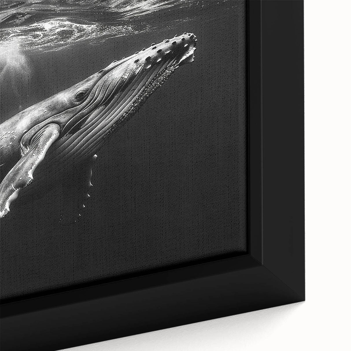 Close-up of a framed canvas artwork depicting a vibrant marine life scene featuring a whale, showcasing intricate details and textures, ideal for ocean-themed decor.