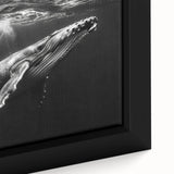 Close-up of a framed canvas artwork depicting a vibrant marine life scene featuring a whale, showcasing intricate details and textures, ideal for ocean-themed decor.