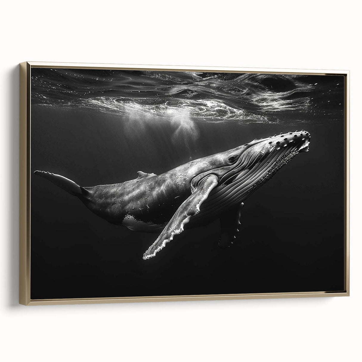 Framed canvas wall art showcasing a side view of a marine life whale design, featuring rich blue tones and gold accents, perfect for ocean-themed decor.