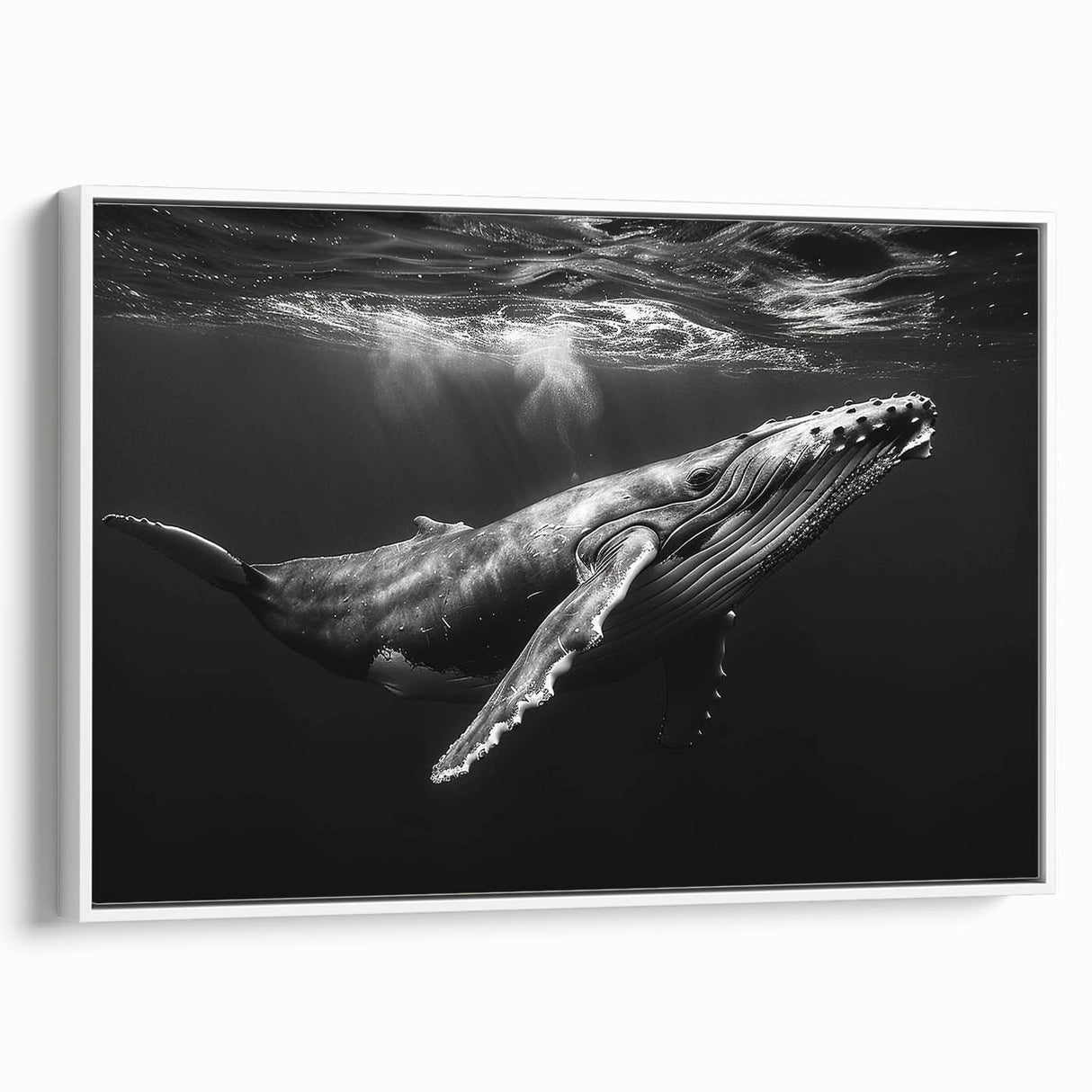 Framed canvas wall art featuring a striking design of marine life with a whale, showcasing vibrant colors against a white background, perfect for ocean-themed decor.
