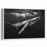 Framed canvas wall art featuring a striking design of marine life with a whale, showcasing vibrant colors against a white background, perfect for ocean-themed decor.