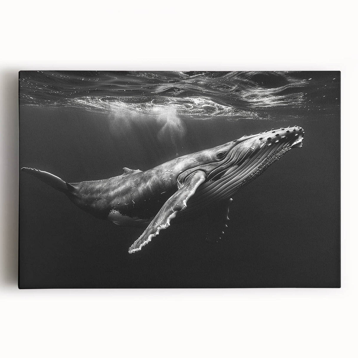 Stretched canvas wall art depicting a vibrant whale design surrounded by colorful marine life, perfect for ocean-themed decor and coastal interiors.