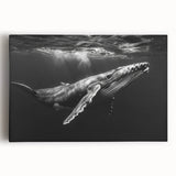 Stretched canvas wall art depicting a vibrant whale design surrounded by colorful marine life, perfect for ocean-themed decor and coastal interiors.