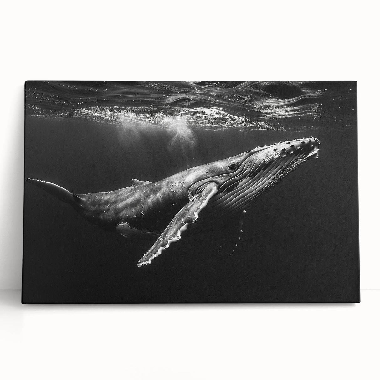 Stretched canvas wall art featuring a vibrant marine life design with a majestic whale, perfect for ocean-themed decor, showcasing rich colors and intricate details.