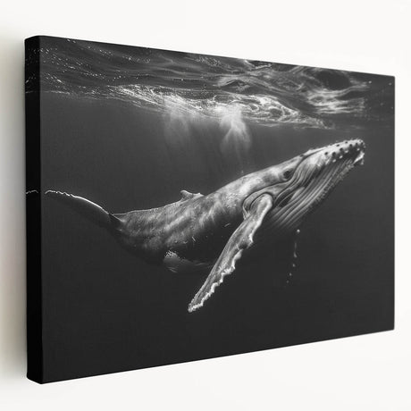Stretched canvas wall art showcasing a vibrant marine life design featuring a majestic whale in a side view. Perfect for ocean-themed decor, this artwork brings a touch of the sea into any room with its vivid colors and detailed illustration. Ideal for marine enthusiasts and eco-conscious homes.