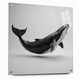 Acrylic glass wall art featuring a stunning marine life whale design, showcasing vibrant colors and intricate details, displayed from a side view with decorative pins for hanging.