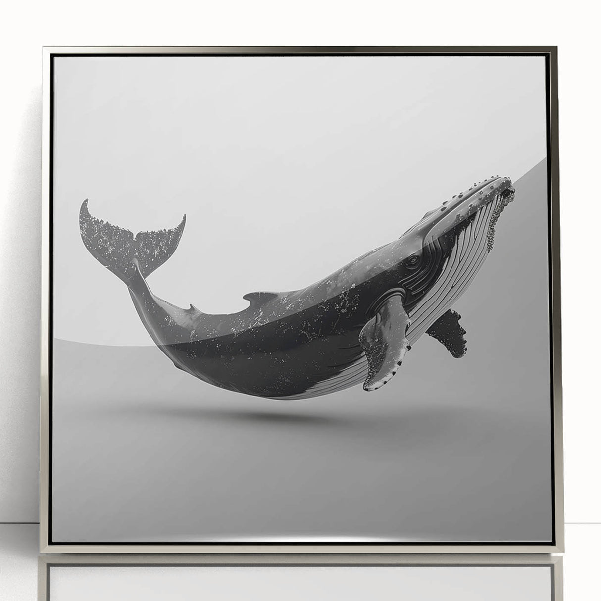 Framed wall art collection featuring a stunning whale design, showcasing vibrant marine life colors with a sleek silver frame, perfect for ocean-themed decor.