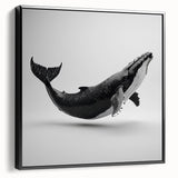 Framed wall art featuring a striking marine life design of a whale against a black background, ideal for ocean-themed decor in contemporary settings.