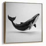 Framed canvas wall art featuring a stunning marine life design of a whale in gold tones, showcasing its majestic side view against a textured background, perfect for ocean-themed decor.