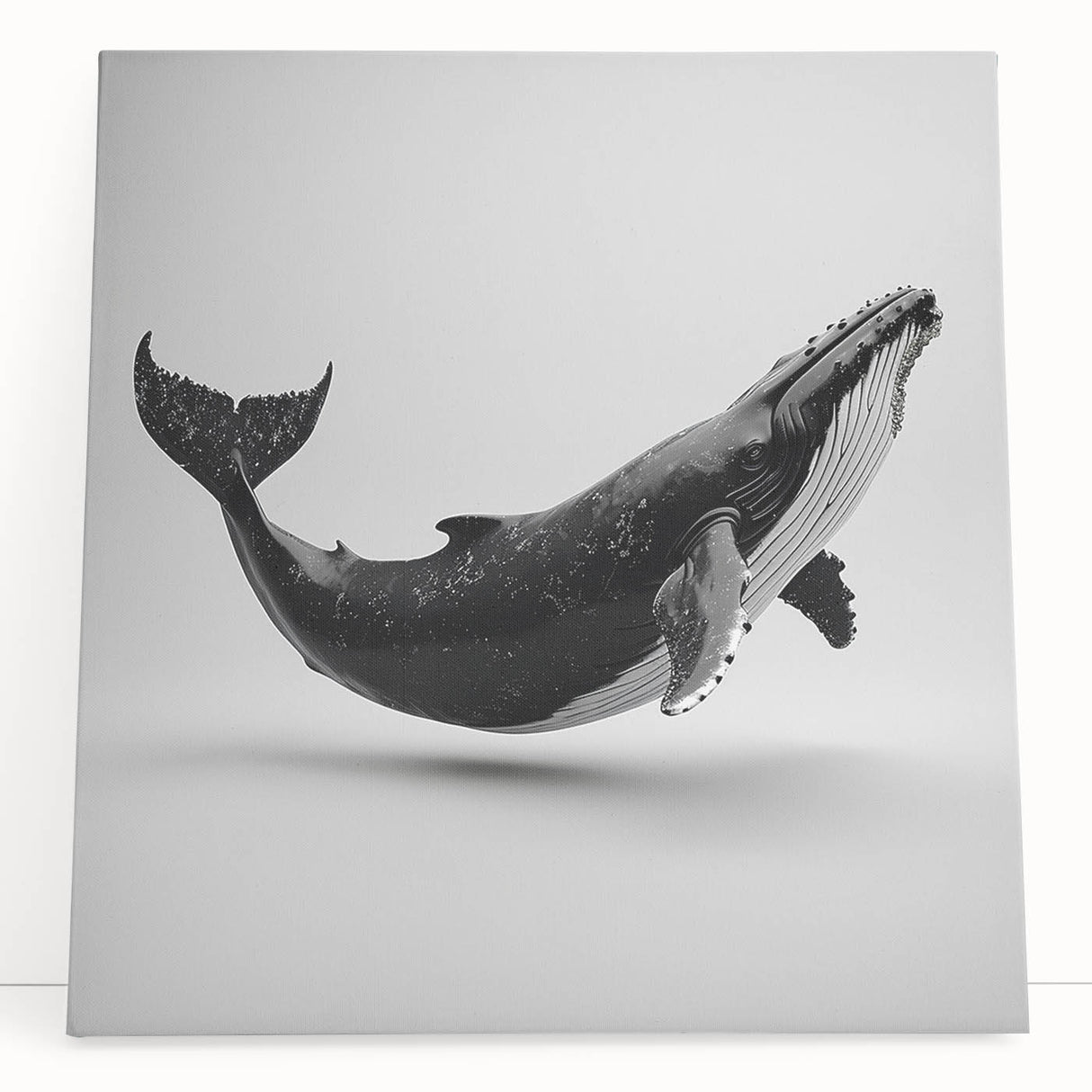 Stretched canvas wall art showcasing a vibrant marine life design featuring a majestic whale, leaning against a textured wall for a contemporary coastal decor look.