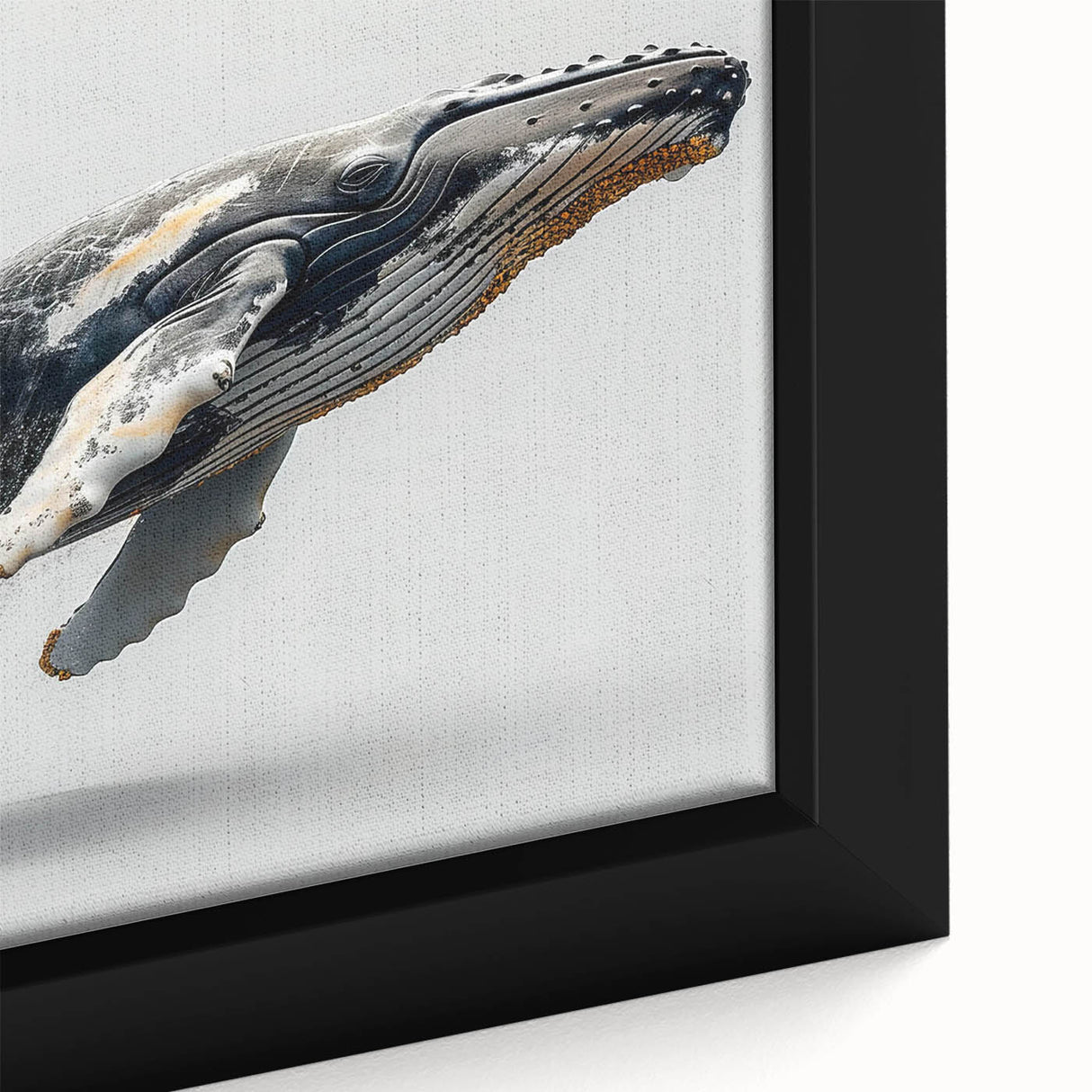 Close-up of a framed canvas wall art piece showcasing a detailed marine life design featuring a majestic whale, against a serene blue background, perfect for ocean-themed decor.