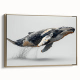 Framed wall art featuring a majestic whale design in a rich blue and gold color palette, showcasing marine life in a stylish side view. Ideal for ocean-themed decor.