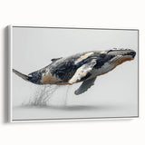 Framed canvas wall art featuring a serene whale design in marine life theme, with a white background and elegant side view showcasing its vibrant colors and intricate details, perfect for ocean enthusiasts and modern decor.