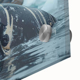 Close-up of vibrant whale-themed wall art design printed on acrylic glass, showcasing intricate marine life details with a glossy finish, perfect for ocean lovers.