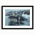 Framed black wall art showcasing a detailed whale design, featuring a mat for an elegant presentation, perfect for marine life enthusiasts and home decor.
