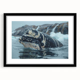 Framed black wall art showcasing a detailed whale design, featuring a mat for an elegant presentation, perfect for marine life enthusiasts and home decor.
