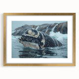 Framed wall art collection featuring a marine life whale design, highlighted by a gold mat, showcasing intricate details and vibrant colors, perfect for ocean-themed decor.