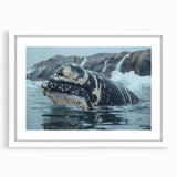 Whale-themed wall art framed in white mat, showcasing marine life design with vibrant colors and intricate details, perfect for ocean lovers' decor.
