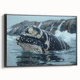 Framed wall art featuring a striking whale design in vibrant marine colors, showcased from a side view, perfect for ocean-themed decor.