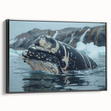 Framed wall art featuring a striking whale design in vibrant marine colors, showcased from a side view, perfect for ocean-themed decor.