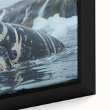 Close-up of framed canvas wall art depicting a vibrant whale design, showcasing intricate marine life details in shades of blue and green, ideal for ocean-themed decor.