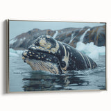 Framed canvas wall art featuring a side view of a sleek silver whale design, showcasing intricate marine life details and elegant colors, perfect for ocean-themed decor.