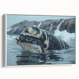 Framed canvas wall art depicting a serene whale design, showcasing vibrant blues and whites, perfect for marine-themed decor in living spaces or offices.