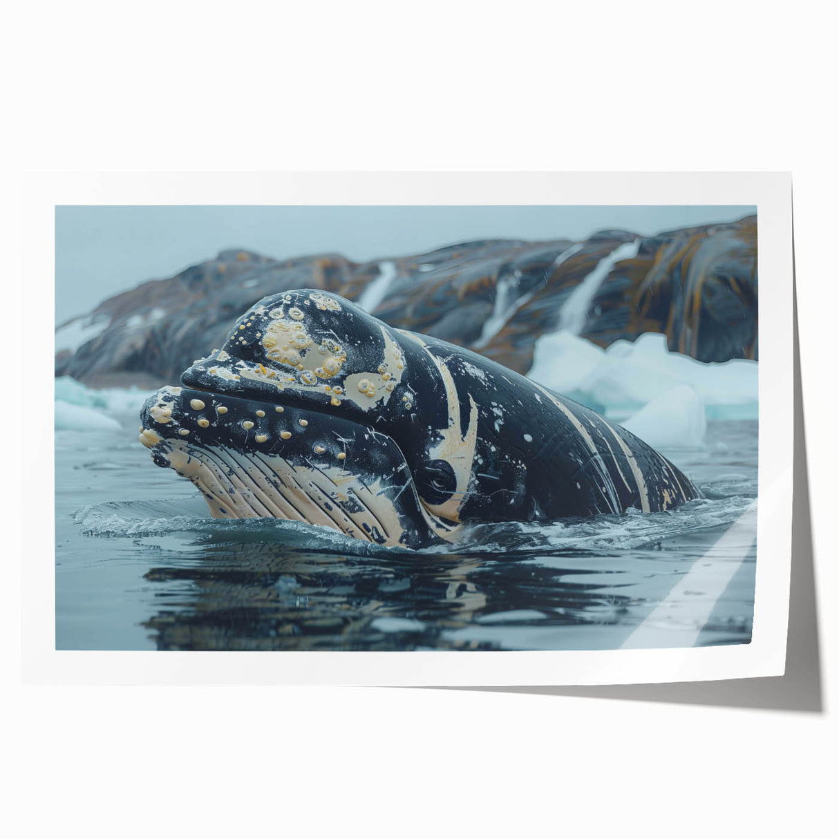 Vibrant rolled print of marine life featuring a majestic blue whale swimming among colorful coral reefs, ideal for ocean-themed decor, showcasing intricate details and vivid colors.