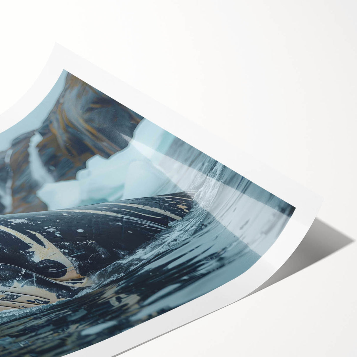 Vibrant rolled print of a whale design showcasing marine life, featuring detailed illustrations in blue and turquoise hues, perfect for ocean-themed decor.
