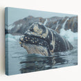 Stretched canvas wall art showcasing a stunning side view of a majestic whale design, featuring vibrant blues and intricate details, perfect for marine life enthusiasts and ocean-themed decor.