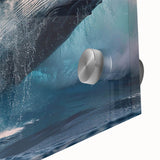 Close-up of a vibrant marine life wall art design featuring a majestic whale, printed on acrylic glass, showcasing intricate details and vivid colors in a modern decor setting.