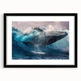 Framed wall art collection showcasing a striking whale design, featuring a black frame and mat, perfect for marine-themed decor in modern interiors.