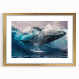 Framed wall art featuring a stunning marine life design with a whale, accented by a gold frame and white matting, perfect for ocean-themed decor.