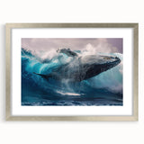 Framed wall art showcasing a stunning marine life design featuring a majestic whale, elegantly presented with a silver frame and mat, perfect for ocean-themed decor.