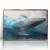 Framed wall art featuring a striking whale design in vibrant colors, set in a sleek gold frame, perfect for marine life enthusiasts and modern decor.