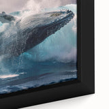 Close-up of framed marine life wall art featuring a detailed whale design on textured canvas, showcasing vibrant blues and intricate details, perfect for ocean-themed decor.